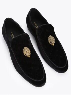 Kurt Geiger Black Velvet Loafers with Gold Crest Detail Size 10/43 1/2
